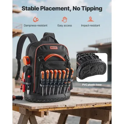 VEVOR Werkzeugrucksack, 64 Taschen, Werkzeug-Aufbewahrungs-Organizer, Backpack mit Laptopfach & geformtem Boden, Baustellenrucksack für Elektriker, Reparaturarbeiter & Heizungstechniker – Bild 4