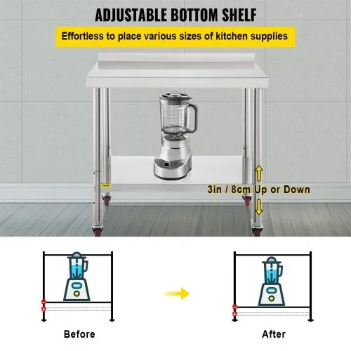 VEVOR Edelstahl-Vorbereitungstisch, 76,2 x 61 x 89 cm, 200 kg Tragkraft, Robuster Metallarbeitstisch mit Verstellbarer Rückwand & 4 Rollen, Gewerblicher Arbeitsplatz für Küchenrestaurants – Bild 3