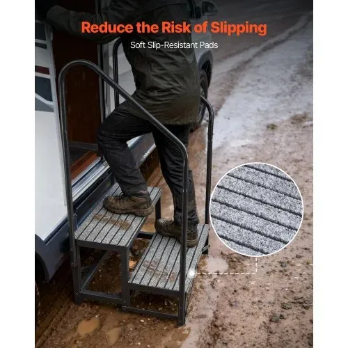 VEVOR Wohnmobiltreppe mit 2 Handläufen (2 Stufen), Standtreppe mit 300 kg Tragkraft, Außentreppe mit Rutschfester Matte für Senioren/Haustiere, Trittstufe für Camper, Mobilheim, Veranda, Pool und Spa – Bild 4