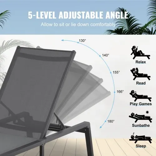 VEVOR Chaiselongue-Stühle für den Außenbereich, Aluminium-Terrassen-Liegestühle mit 5 verstellbaren Positionen, klappbare Pool-Liegestühle, Liegestühle und komplett flache Sonnenstühle für Terrasse, Strand, Pool, Dunkelgrau, 2 Stück – Bild 4