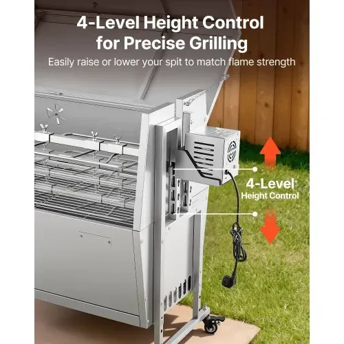 VEVOR Drehspießgrill 38 W Spanferkelgrill Lammgrill Holzkohlegrill (132 cm Grilllänge) mit 60 kg Tragkraft & Rädern & 4-facher Höhenverstellung & Deckel, Edelstahl-Elektrogrill-Set für Camping – Bild 3