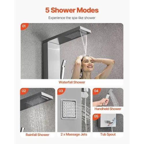 VEVOR Duschpaneel-Turmsystem (5 Modi) mit Regenwasserfall-Duschkopf, (1345 mm) Duschsäule aus 304 Edelstahl, Regenmassagesystem zur Wandmontage, mit Handbrause & Wannenauslauf & 2 Körperdüsen – Bild 2