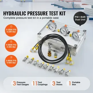 VEVOR Hydraulikdruck-Testset, 250 / 400 / 600 bar, 3 Messgeräte, 11 Prüfkupplungen, 3 Prüfschläuche, Bagger-Hydraulik-Testmessgeräte-Set mit Tragbarer Tragetasche für Bagger, Traktoren, Baumaschinen VEVOR Hydraulikdruck-Testset, 250 / 400 / 600 bar, 3 Messgeräte, 11 Prüfkupplungen, 3 Prüfschläuche, Bagger-Hydraulik-Testmessgeräte-Set mit Tragbarer Tragetasche für Bagger, Traktoren, Baumaschinen