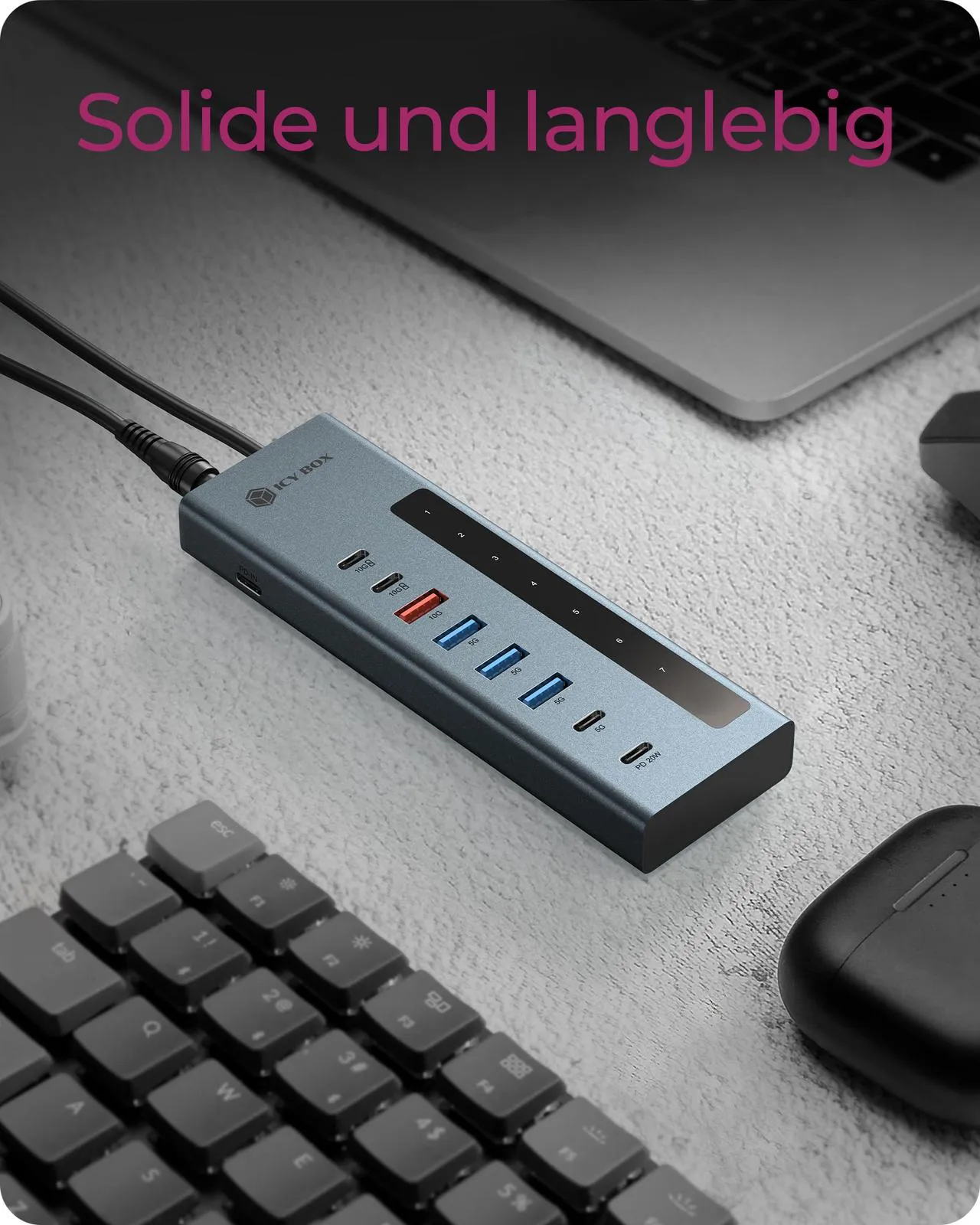 ICY BOX IB-HUB1743-CPD, 9-in-1 HUB, 7x HUB Port (3C+ 4A) mit 1x USB-C für Laden (PD 20W mit display) & 1x PD 100W (upstream to Host) USB 3.2 Gen2, 10 Gbit/s – Bild 4