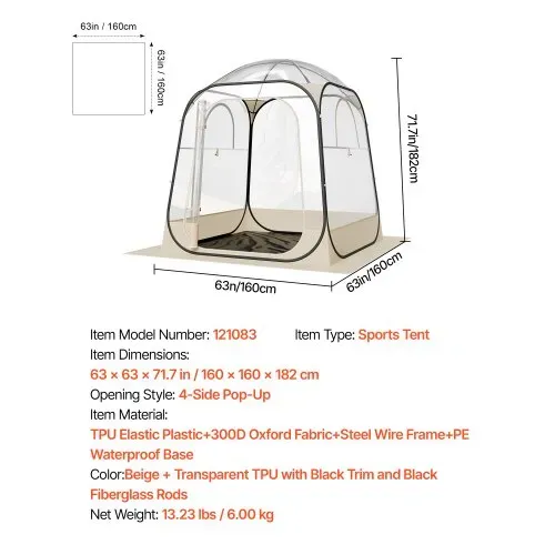 VEVOR Transparentes Zelt, 160x160x182 cm, Pop-up-Zelt für 2–4 Personen, Sportzelt mit Bodenmatte & oberer Abdeckung, Outdoor-Bubble-Zelt, Campingunterstand für Veranstaltungen, Angeln, Jubeln – Bild 6