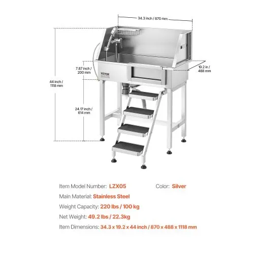 VEVOR Hundewaschstation aus Edelstahl, 870x488x1118mm Haustierpflegewanne bis 100kg mit Rechter Schiebetür & Treppe, Tierbadewanne inkl. Abfluss Duschkopf Seifenhalter für Mittlere & Kleine Haustiere – Bild 6