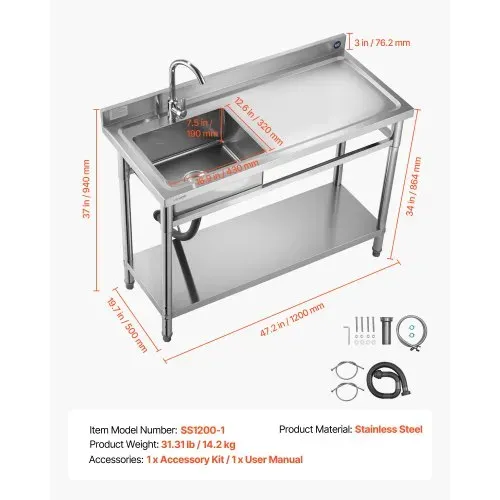 VEVOR Spültisch Spülbecken Edelstahl (120 x 50 x 94 cm), Einzelbecken mit Wasserhahn & Ablage, Küchenspüle für Garage Restaurant Wäscherei, Waschtisch Außenspüle mit Arbeitsplatte (recht) – Bild 6