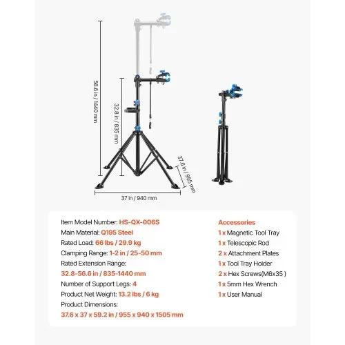 VEVOR Fahrradreparaturständer Fahrradmontageständer (29,9 kg belastbar) mit 835-1440 mm einstellbarer Höhe & magnetischer Werkzeugablage, faltbarer Wartungsständer für Mountainbikes Road Bike – Bild 6