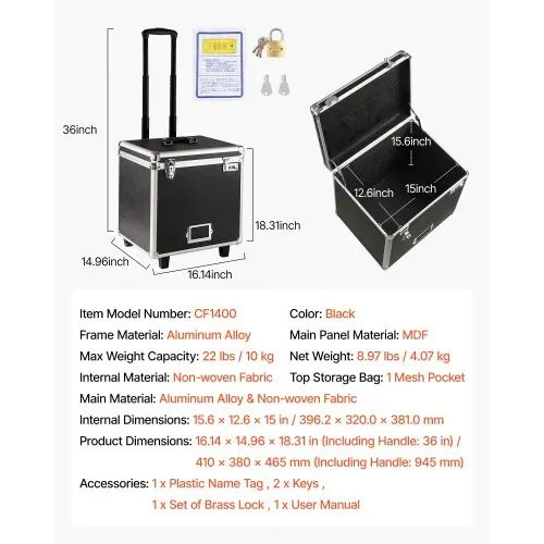 VEVOR Aktenaufbewahrungsbox, 396,2x320x381 mm Innenmaß, abschließbarer mobiler Businesskoffer mit Teleskopgriff, Aktenkoffer mit Handauszug für Büro, Zuhause, Büros, Krankenhäuser, Banken – Bild 6