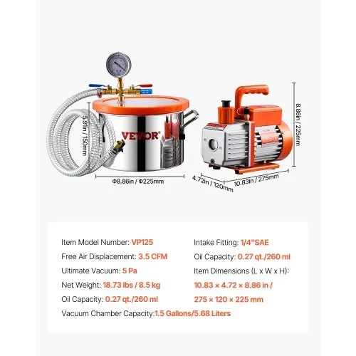 VEVOR 5,68 L Vakuumkammer und 3,5 CFM Pumpe, Edelstahlkammer, 1-stufiges Vakuumpumpen-Entgasungskammerset, mit Acryldeckel, Öl, 1,5 m Schlauch, Vacuum Pump Kit zum Entgasen von Harz-Silikon-Epoxiden – Bild 6