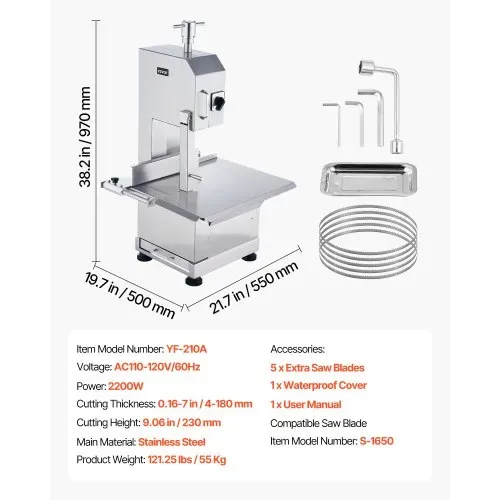 VEVOR Kommerzielle Fleischknochen Sägemaschine 2200 W, 1000 kg/h Knochenschneidemaschine Gefrorene Fleisch Knochen Schneidemaschine, 0-180 mm Einstellbare Dicke Knochensäge 470 x 530 mm Arbeitstisch – Bild 6