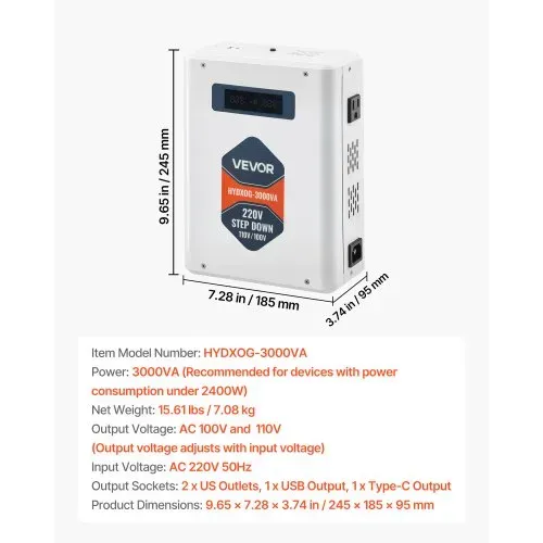 VEVOR Abwärtsspannungswandler Abwärts, 3000 VA, Hochleistungs-Konverter, 220 V auf 110 V Leistungstransformator, mit 2 US-Steckdosen, USB-Ausgang, LCD-Display, Temperaturschutz, für 110-V-Geräte – Bild 6