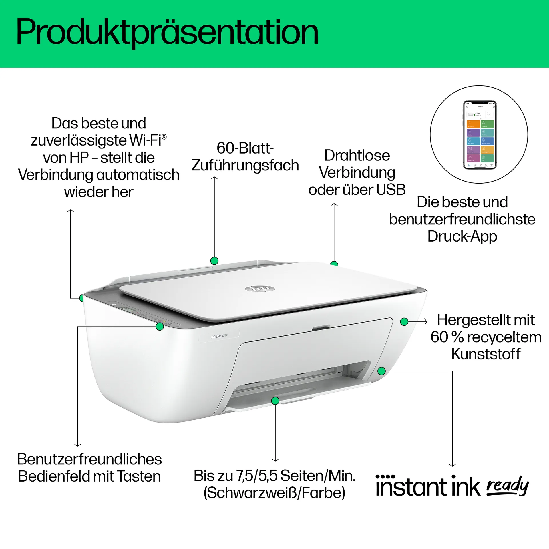 HP DeskJet 2820e Wireless All-in-One Farbe Drucker, Instant Ink; Kopierer, Scanner – Bild 4