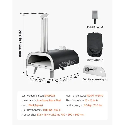 VEVOR Pizzaofen Outdoor 12 Zoll Pellet-Pizzaofen mit eingebautem Thermometer (max. 540 °C) & Schaufel & Tragtasche, tragbarer Pizzamaker für Garten Camping, Silber – Bild 6