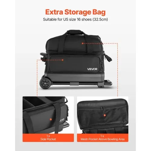 VEVOR Bowlingballtasche für 2 Bälle mit Doppelrollen & separatem Fach für Schuhe (bis US-Größe 16) & übergroßer Zubehörtasche, einziehbarer Griff lässt sich auf 105 cm ausziehen Schwarz – Bild 4
