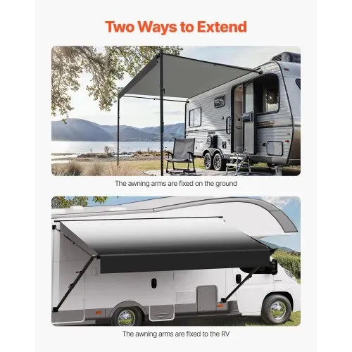 VEVOR Wohnwagen Markise einziehbare RV Markisen (609,6 cm) wasserdichter Sonnenschutz mit Aluminiumlegierungsrahmen, Außenmarkise mit schwarzem Ständer und schwarzen Stoffen mit Farbverlauf VEVOR Wohnwagen Markise einziehbare RV Markisen (609,6 cm) wasserdichter Sonnenschutz mit Aluminiumlegierungsrahmen, Außenmarkise mit schwarzem Ständer und schwarzen Stoffen mit Farbverlauf