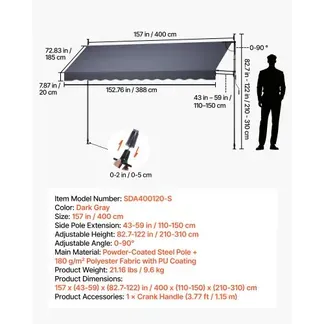 VEVOR Klemmmarkise 400 cm, Höhenverstellbare Markise mit Handkurbel, Terrassenmarkise UPF 80+ Sonnenschutz, Sonnenmarkise, Balkonmarkise, Ideal für Terrasse, Balkon & Garten, Dunkelgrau VEVOR Klemmmarkise 400 cm, Höhenverstellbare Markise mit Handkurbel, Terrassenmarkise UPF 80+ Sonnenschutz, Sonnenmarkise, Balkonmarkise, Ideal für Terrasse, Balkon & Garten, Dunkelgrau