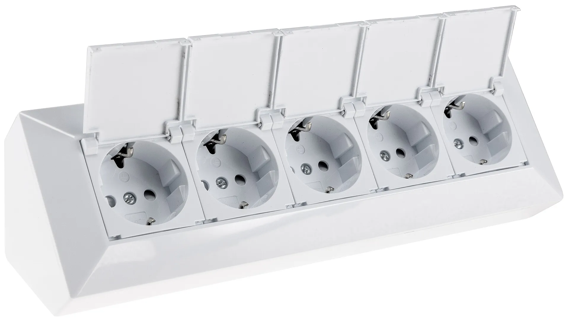 5-fach Steckdosenblock, weiß 250V~/ 16A, Aufbaumontage mit Klappen 5-fach Steckdosenblock, weiß 250V~/ 16A, Aufbaumontage mit Klappen