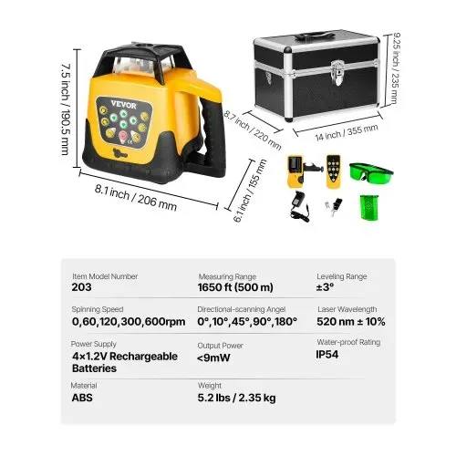 VEVOR Rotationslaser-Nivelliergerät, grüner Strahl, 500 m Reichweite, Neigung einstellbar, 360° drehbar, selbstnivellierend, präzise Messung, inkl. Fernbedienung, Empfänger und Tragetasche – Bild 6