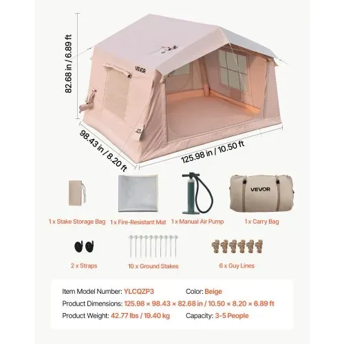 VEVOR Aufblasbares Zelt Glamping Luftzelt 3-5 Personen mit Pumpe Beige, für Outdoor-Aktivität Wasserabweisendes 420D Oxford-Gewebe Dachfenster Ofenrohrdurchführung Netzfenster & Tragetasche – Bild 6