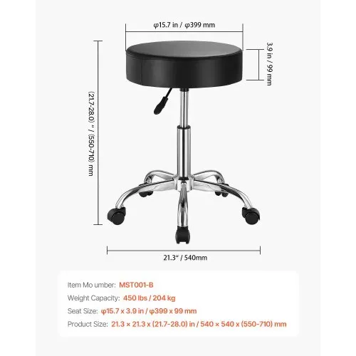 VEVOR Sattelhocker Rollhocker 204 kg belastbarer höhenverstellbarer (55-71 cm) Drehhocker Arbeitshocker PU-Leder-Drehsattelstuhl für Salon Spa Massage Klinik Schwarz – Bild 6