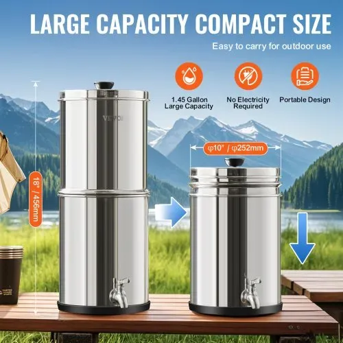 VEVOR Schwerkraft Wasserfiltersystem Edelstahl Arbeitsplattensystem 4,4 + 5,5 L Wasserfiltrationssystem, reduziert Blei und bis zu 99 % Chlor, mit 2 Kohlefiltern & Zapfhahn, Camping Wohnmobil Zuhause – Bild 4
