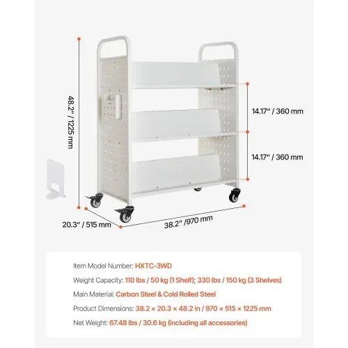 VEVOR Bücherwagen, 150kg Tragkraft, Bibliothekswagen, 97x51,5x122,5cm, Doppelseitiges W-förmiges Bücherregal mit Doppelbremsrollen, Bücherregalwagen für Wohnzimmer, Büro, Schule, Weiß – Bild 6