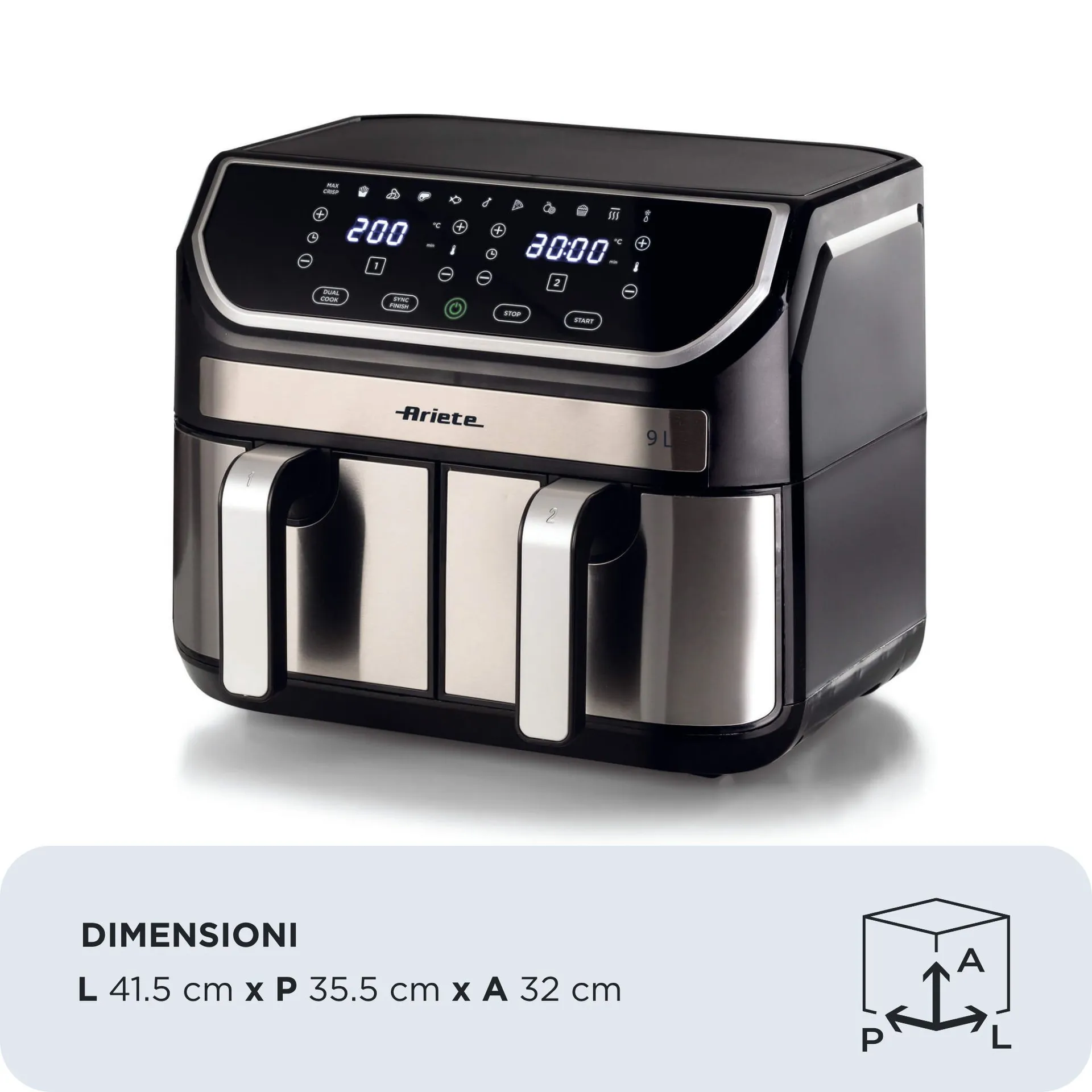 Ariete 4625/00 Doppel 9 l Eigenständig 2100 W Heißluftfritteuse Schwarz, Edelstahl – Bild 2