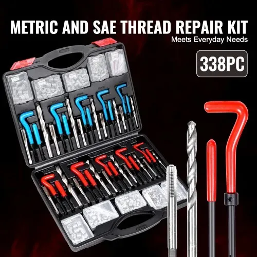 VEVOR Gewindereparatur Gewindereparatursatz Gewinde Reparatur Set 338-teilig, SAE- und metrisches Helicoil-Set Gewindereparaturwerkzeuge M5 M6 M8 M10 M12 1/4 5/16 3/8 7/16 1/2 Zoll HSS-Bohrer – Bild 2