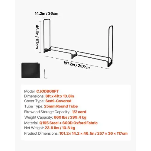 VEVOR Kaminholzregal Metall 259x36x117cm Brennholzregal Stahlrahmen Pulverbeschichtet Kaminholzunterstand 300kg mit Wasserdichter Abdeckung Stapelhilfe Holzunterstand für Veranda Garten Terrasse Hof – Bild 6
