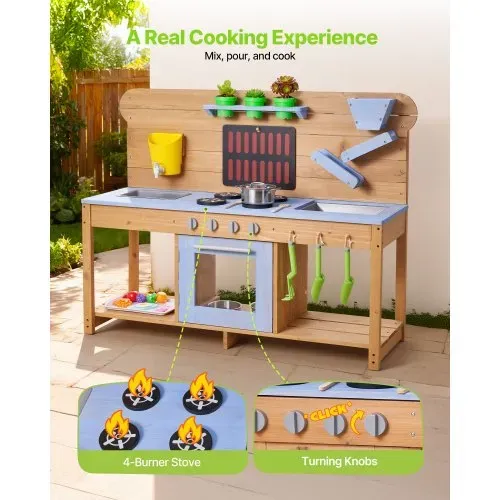 VEVOR Spielküche, Kinderküche mit Herd, Haken, Doppelspülbecken, Pflanzspaten, Pfannenwendern, Kochgeschirr & Zubehör, Spielzeugküche zum Spielen mit Wasser & Sand, Holzküche, 1220x425x930 mm – Bild 3