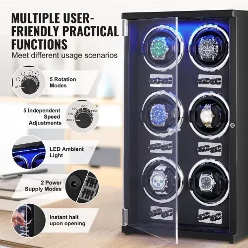 VEVOR Uhrenbeweger, Automatik-Uhrenbeweger, Watch Winder, Uhrenbeweger für Automatikuhren, Automatischer Uhrenbeweger mit Platz für 6 Uhren, LED Beleuchtung, 150–207 mm Einstellbare Riemenlänge – Bild 4