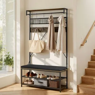 VEVOR Flurgarderobe 1015 x 400 x 1830 mm, Garderobenständer mit Schuhbank & Schuhablage (2 Ebenen), Freistehend Garderobe mit Metallgitter & Kleiderstange, Ideal für Eingangsbereich, Schlafzimmer VEVOR Flurgarderobe 1015 x 400 x 1830 mm, Garderobenständer mit Schuhbank & Schuhablage (2 Ebenen), Freistehend Garderobe mit Metallgitter & Kleiderstange, Ideal für Eingangsbereich, Schlafzimmer