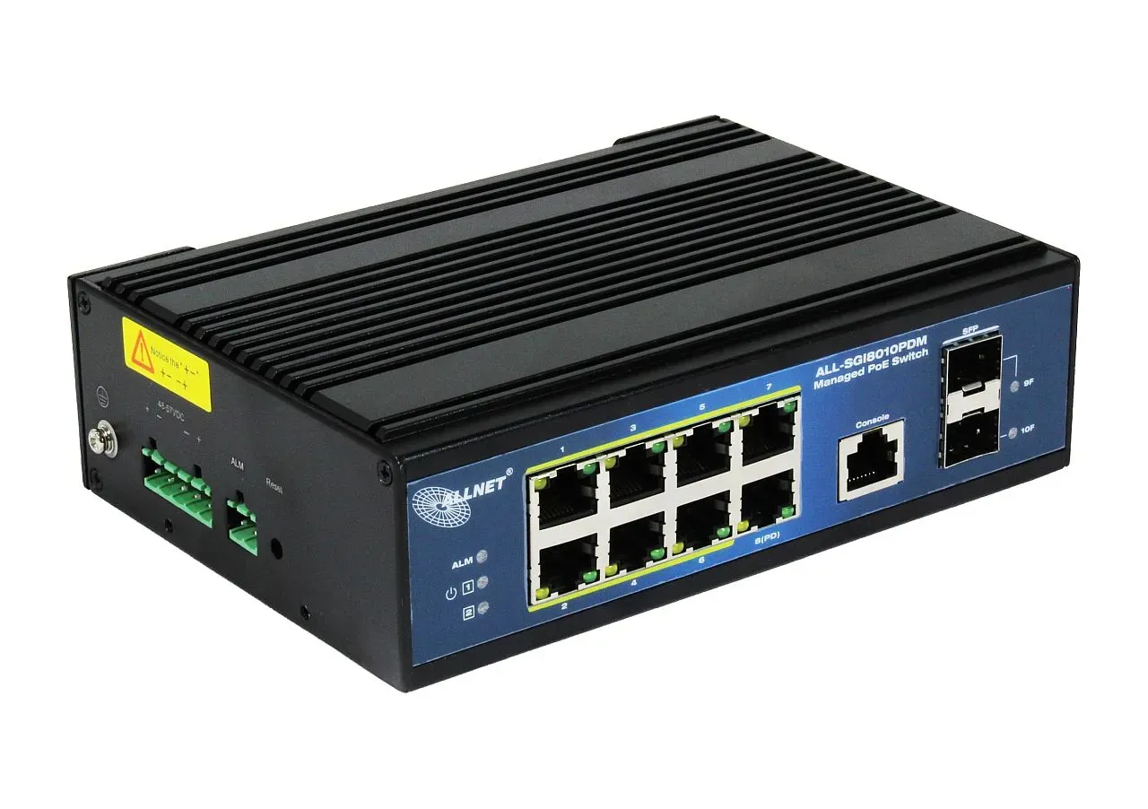 ALLNET Switch industrial full managed Layer2+ 10 Port GbE • PoE Budget 69W (BT) / 210 (DC) • 7x PoE at • 2x SFP • 1x GbE PD • Lüfterlos , IP40 • ALL-SGI8010PDM – Bild 2