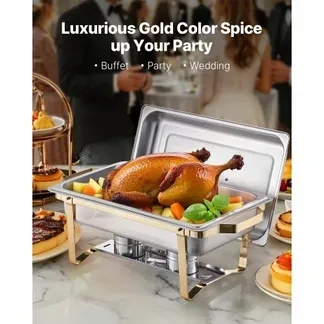 VEVOR Chafing Dish Set Speisenwärmer Edelstahl mit 2 Pfannen in voller Größe (7,5 L) & 4 halbgroßen Pfannen (4 L), rechteckiger Catering-Wärmespender mit Deckel & Wasserpfannenständer, Gold VEVOR Chafing Dish Set Speisenwärmer Edelstahl mit 2 Pfannen in voller Größe (7,5 L) & 4 halbgroßen Pfannen (4 L), rechteckiger Catering-Wärmespender mit Deckel & Wasserpfannenständer, Gold