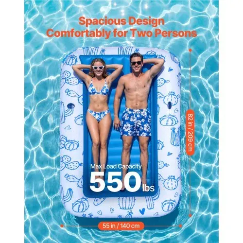 VEVOR Aufblasbare Schwimmmatratze 208 x 140 cm, Luftmatratze Pool mit Abnehmbarem UPF 50+ Sonnendach, 250 kg Belastbare Badeinsel für 2 Personen, inkl. Kissen Handy- & Getränkehalter für Pool & Meer – Bild 2
