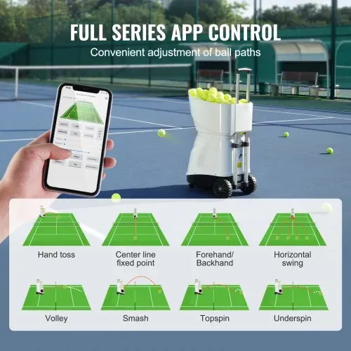 VEVOR Tennisballmaschine, automatischer tragbarer Tennisballwerfer, Übungswerfer für 150 Bälle, Tennistraining, 5 Motoren, Multimodus-Übungen, über 2 Stunden Spielzeit, wiederaufladbarer Akku, Fernbedienung per App – Bild 2