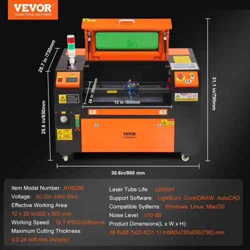 VEVOR 50 W CO2-Lasergravierer, 300x500mm, 500mm/s Laserschneidmaschine mit 2-Wege-Pass-Air-Assist, kompatibel mit LightBurn, CorelDRAW, AutoCAD, Windows, Mac OS, Linux, für Holz, Acryl, Stoff – Bild 6