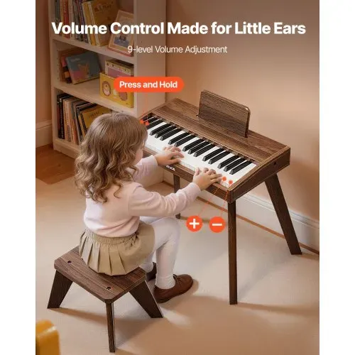 VEVOR Kinder Keyboard, 37 Tasten, Digitalpiano aus Holz für Kinder ab 3 Jahren, Mini-Musikinstrument-Spielzeugset mit Hocker, Realistischem Klang, Dual-Power, Einstellbarer Lautstärke, Walnuss – Bild 3