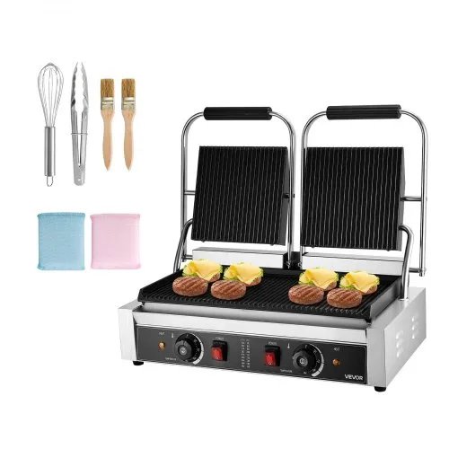 VEVOR kommerzieller Kontaktgrill 3600 W Elektrogrill Sandwichmaker (Doppelbackplatten) Panini Presse aus Edelstahl mit Temperaturregelung, 48 x 23 cm gerillte Emailleplatte für Hamburger Steak Speck VEVOR kommerzieller Kontaktgrill 3600 W Elektrogrill Sandwichmaker (Doppelbackplatten) Panini Presse aus Edelstahl mit Temperaturregelung, 48 x 23 cm gerillte Emailleplatte für Hamburger Steak Speck