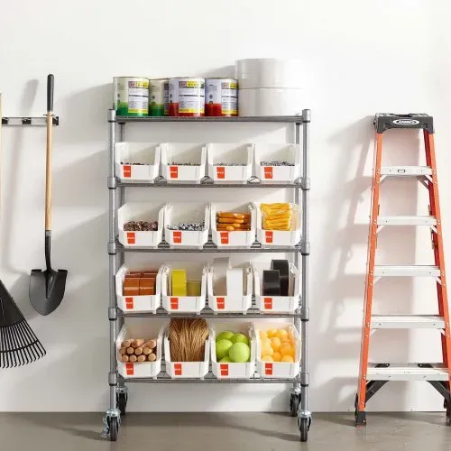 VEVOR Standregal, Lagerregal mit 5 Ebenen & 16 Stapelboxen, Bücherregal Küchenregal mit Rollen, Fahrregal für Garage, Lager, Büro, Restaurant, Klassenzimmer, Küche, 610x355x1065 mm – Bild 7