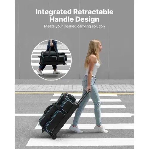 VEVOR Bowlingballtasche für 3 Bälle mit Doppelrollen & separatem Fach für Schuhe (bis US-Größe 16) & übergroßer Zubehörtasche, einziehbarer Griff lässt sich auf 105 cm ausziehen Schwarz + Blau – Bild 5