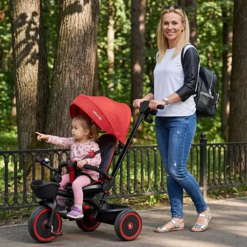 VEVOR Dreirad für Kinder von 1 bis 5 Jahren, Laufrad mit Schubstange, Klappbarem Verdeck, Verstellbarem Sitz und Aufbewahrungskorb, Kinderdreirad als Geschenk für Jungen und Mädchen, Rot+Schwarz – Bild 7