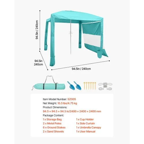 VEVOR Strand-Cabana, 2,4 x 2,4 m Strandzelt mit Seitenwand, UPF 50+ Sonnenschutz, Strandpavillon mit Sandsäcken, höhenverstellbarer & tragbarer Sonnenschutz für Familie und Freund, Grün – Bild 6