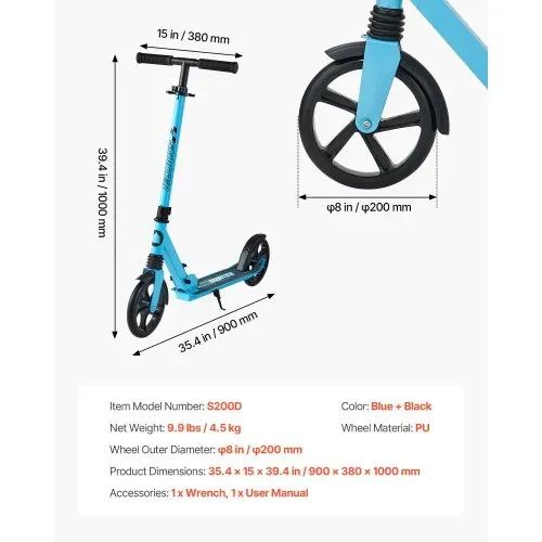 VEVOR Scooter (2 Räder) für Kinder ab 8 Jahren, Cityroller Kinderroller Straßenroller mit höhenverstellbarem Lenker & rutschfestem Deck, faltbarer Tretroller bis zu 100 kg, Schwarz + Blau – Bild 6