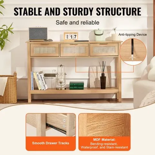 VEVOR Rattan-Konsolentisch mit 3 Schubladen, Rattan-Eingangstisch mit natürlicher Rattan-Schiebetür, Konsolen-Sofatisch für Wohnzimmer, Arbeitszimmer, Eingangsbereich oder Fernsehwand, Natur – Bild 4