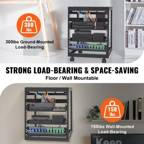 VEVOR 12U-Server-Rack mit offenem Rahmen 58.5-101.6cm verstellbare Tiefe freistehender/wandmontierter Netzwerk-Server-Rack 4-Pfosten-AV-Rack mit Rollen für Ihre gesamte Netzwerk-IT-Ausrüstung AV-Ausrüstung – Bild 2