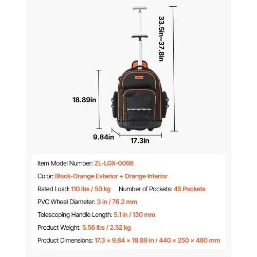 VEVOR Werkzeugrucksack mit Rollen, 50 kg Tragkraft, 45 Taschen, Werkzeugtasche, verstellbarer Teleskopgriff und stabile Basis, Arbeitsrucksack-Organizer für Bau und Mechanik, 440x250x480 mm – Bild 6