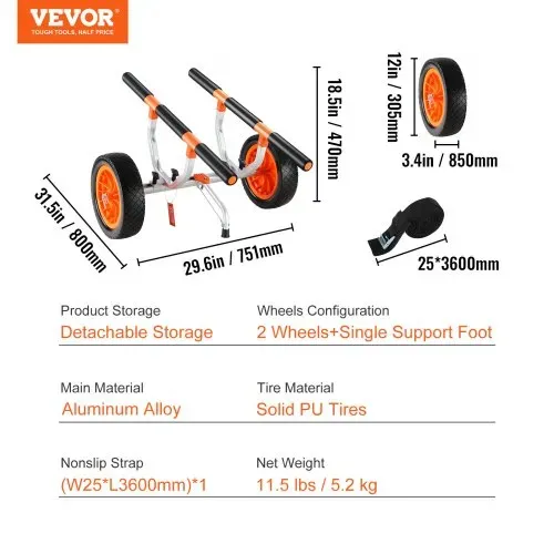 VEVOR Kajakwagen Kanuwagen aus Aluminiumlegierung 800x751x470mm bis 204kg belastbar 30cm Gummiräder 170-440mm Einstellbar Für Bootswagen Kajak Kanu Transportwagen Trolley Surfwagen Bootstrailer – Bild 6