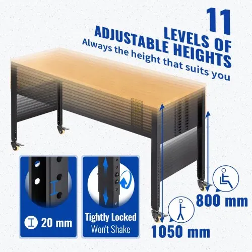 VEVOR Werkbank, höhenverstellbar, 154,9 x 50,8 cm, Garagentisch mit 79,5 cm – 104,9 cm Höhe und 725,7 kg Kapazität, Steckdosen und Hartholzplatte und Metallrahmen und Lenkrollen, für Werkstatt Büro Zu – Bild 2